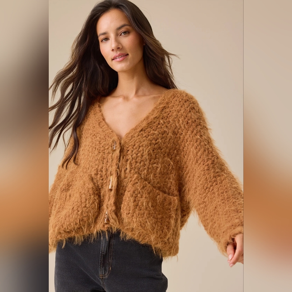 Altar'd State Small Brown Fuzzy Chunky Crochet Knit Oversized Cardigan